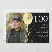 100ste | Zwart & Goud Glitter Foto Verjaardag Kaart (Voorkant)