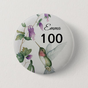 100th Birthday  Bird Flowers Button