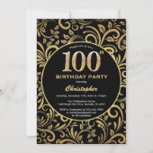 100th Birthday Black en Gold Floral Pattern Kaart (Voorkant)