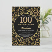 100th Birthday Black en Gold Floral Pattern Kaart (Staand voorkant)