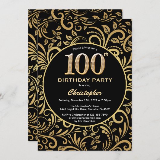100th Birthday Black en Gold Floral Pattern Kaart (Voorkant / Achterkant)