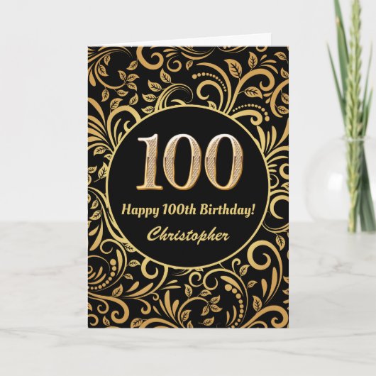 100th Birthday Black en Gold Floral Pattern Kaart (Voorkant)