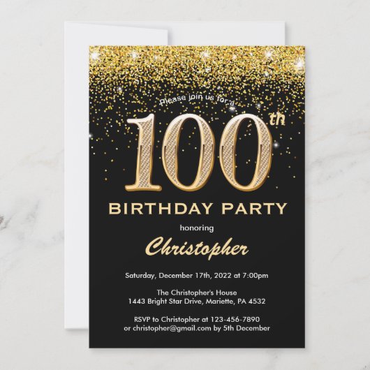 100th Birthday Black en Gold Glitter Confetti Kaart (Voorkant)