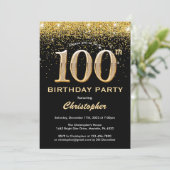100th Birthday Black en Gold Glitter Confetti Kaart (Staand voorkant)
