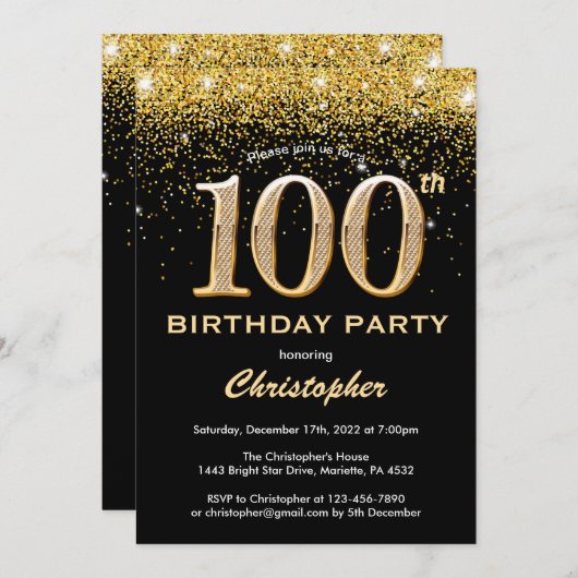 100th Birthday Black en Gold Glitter Confetti Kaart (Voorkant / Achterkant)