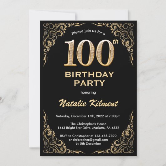100th Birthday Black en Gold Glitter Lijst Kaart (Voorkant)