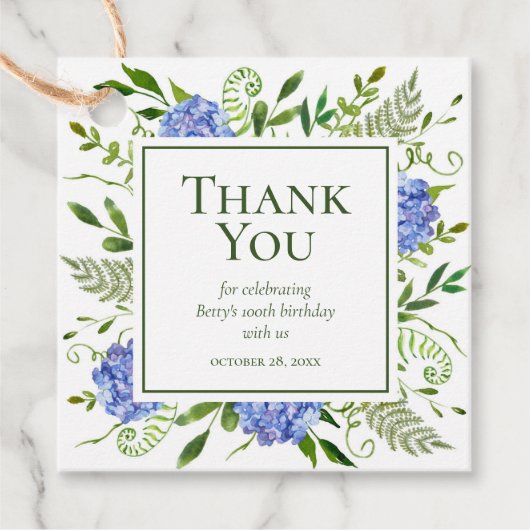100th Birthday Blue Hydrangeas Hartelijk dank Bedankjes Labels (Voorkant)