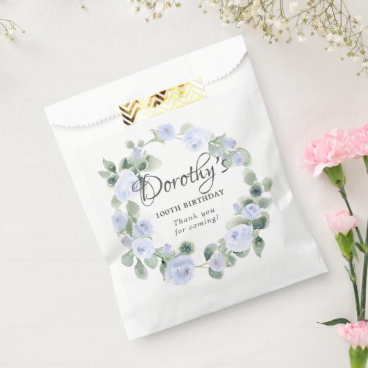 100th Birthday Blue Roos Floral Eucalyptus Wreath Bedankzakje (Gezegeld)
