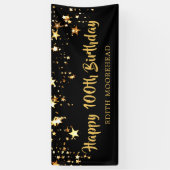 100th Birthday Brush Script Zwart Goud Sterren Spandoek (Verticaal)