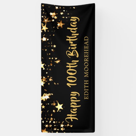 100th Birthday Brush Script Zwart Goud Sterren Spandoek (Verticaal)