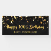 100th Birthday Brush Script Zwart Goud Sterren Spandoek (Horizontaal)