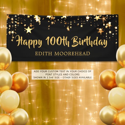100th Birthday Brush Script Zwart Goud Sterren Spandoek