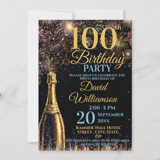 100th Birthday Bubbly Fireworks Gold Blue Kaart (Voorkant)