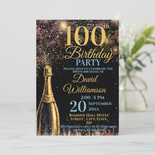 100th Birthday Bubbly Fireworks Gold Blue Kaart (Staand voorkant)