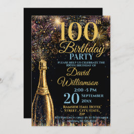 100th Birthday Bubbly Fireworks Gold Blue Kaart