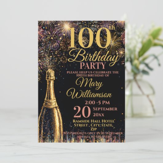 100th Birthday Bubbly Fireworks Gold Pink Kaart (Staand voorkant)