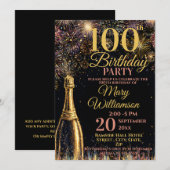 100th Birthday Bubbly Fireworks Gold Pink Kaart (Voorkant / Achterkant)