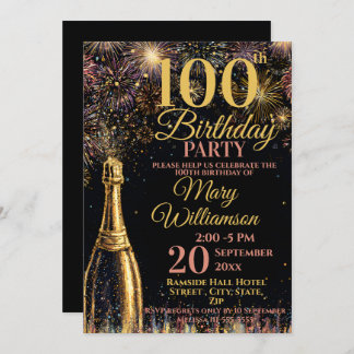 100th Birthday Bubbly Fireworks Gold Pink Kaart