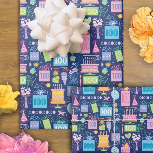 100th Birthday Cake Cadeaus Ballonnen Blauw Inpakpapier Vel