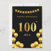 100th Birthday Card Black and Gold Balloons Kaart (Voorkant)