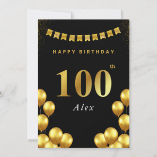100th Birthday Card Black and Gold Balloons Kaart