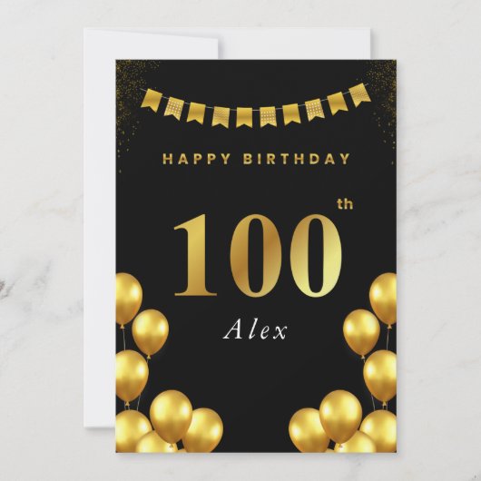100th Birthday Card Black and Gold Balloons Kaart (Voorkant)