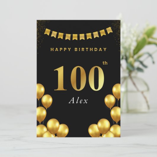 100th Birthday Card Black and Gold Balloons Kaart (Staand voorkant)