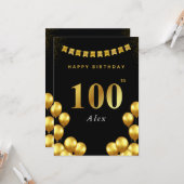 100th Birthday Card Black and Gold Balloons Kaart (Voorkant / Achterkant in situ)