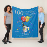 100th Birthday Celebration Blue Fleece Blanket<br><div class="desc">A stylish milestone Happy birthday 100th age is blanket. Features an ice bucket with a bottle, flute glasses, colorful balloons and confetti all on a blue background with silver colored text. Perfect as a gift to celebrate a 100th birthday, something that they can cherish and snuggle up with, Can be...</div>