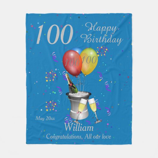 100th Birthday Celebration Blue Fleece Blanket (Voorkant)