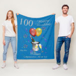100th Birthday Celebration Blue Fleece Blanket Deken<br><div class="desc">A stylish milestone Happy birthday 100th age is blanket. Features an ice bucket with a bottle, flute glasses, colorful balloons and confetti all on a blue background with silver colored text. Perfect as a gift to celebrate a 100th birthday, something that they can cherish and snuggle up with, Can be...</div>
