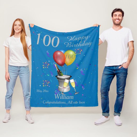 100th Birthday Celebration Blue Fleece Blanket Deken (In situ)