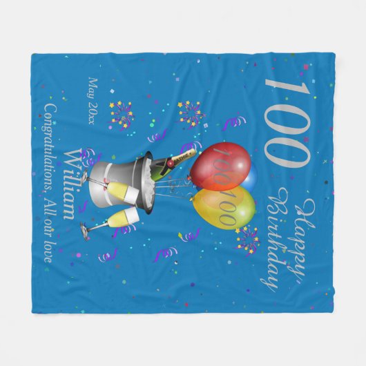 100th Birthday Celebration Blue Fleece Blanket Deken (Voorkant (Horizontaal))