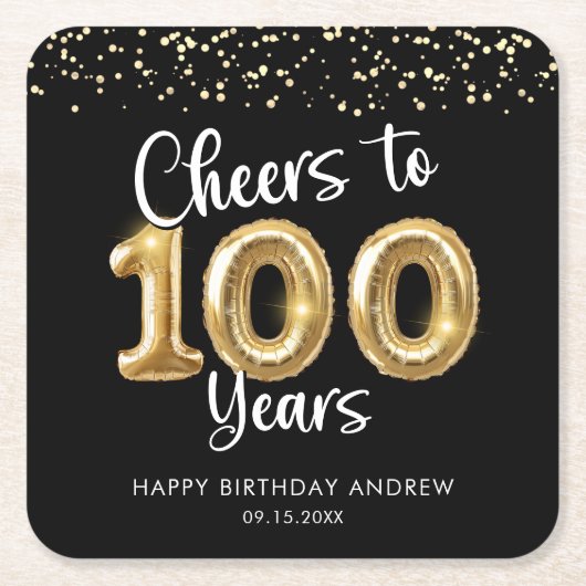100th Birthday Cheers to 100 Years Black Gold Kartonnen Onderzetters (Voorkant)