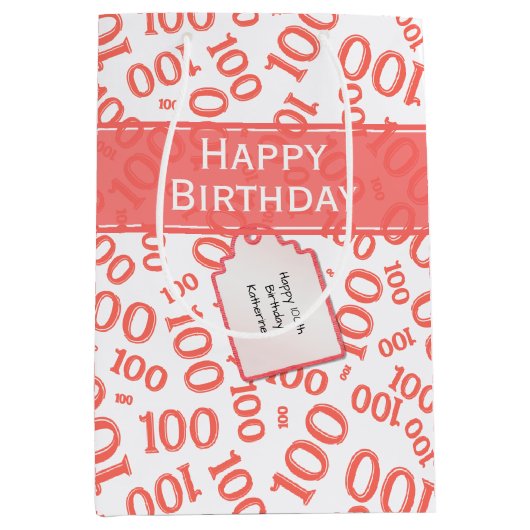 100th Birthday Coral/White Random Number Pattern Medium Cadeauzakje (Voorkant)