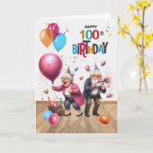 100th Birthday Funny Old Man and Woman Balloons Kaart (Gele Bloem)