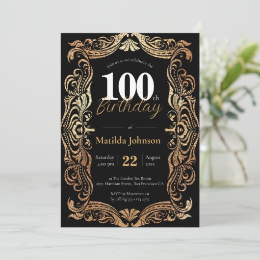 100th Birthday Gold Black Glamorous Boho  Kaart (Staand voorkant)
