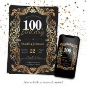 100th Birthday Gold Black Glamorous Boho  Kaart