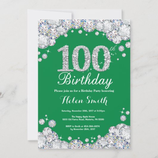 100th Birthday Green Silver Diamond Kaart (Voorkant)