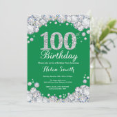 100th Birthday Green Silver Diamond Kaart (Staand voorkant)