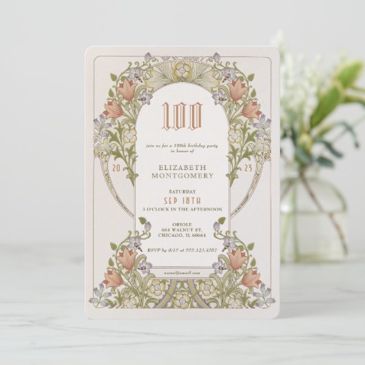 100th Birthday Invitation Art Nouveau W. Morris Kaart (Staand voorkant)