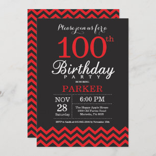 100th Birthday Invitation Black and Red Kaart