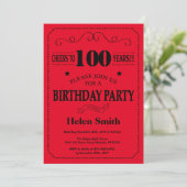100th Birthday Invitation Black and Red Kaart (Staand voorkant)