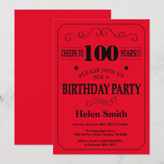 100th Birthday Invitation Black and Red Kaart (Voorkant / Achterkant)