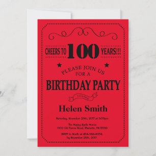100th Birthday Invitation Black and Red Kaart