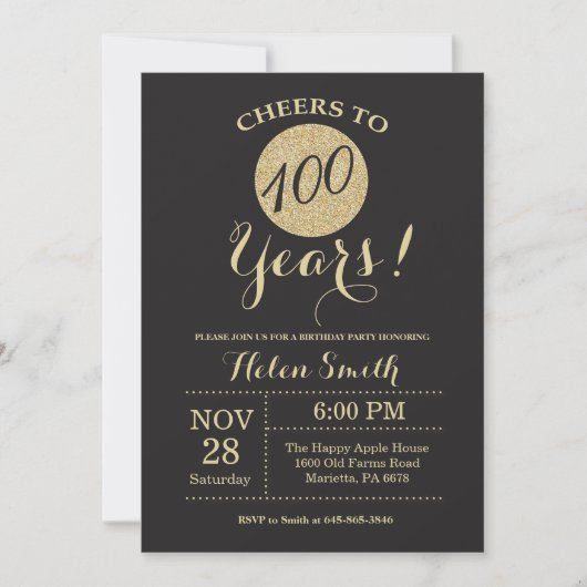 100th Birthday Invitation Black en Gold Glitter Kaart (Voorkant)