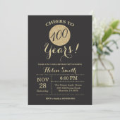 100th Birthday Invitation Black en Gold Glitter Kaart (Staand voorkant)