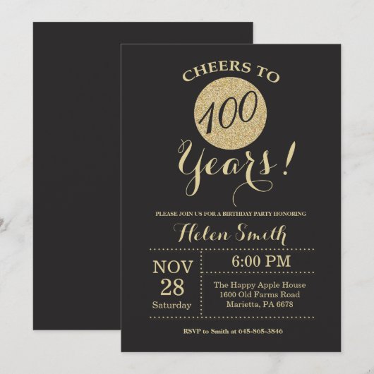 100th Birthday Invitation Black en Gold Glitter Kaart (Voorkant / Achterkant)
