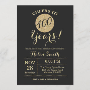 100th Birthday Invitation Black en Gold Glitter Kaart