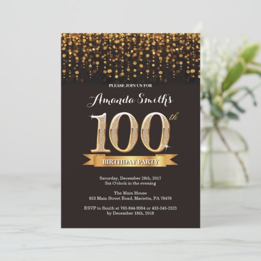 100th Birthday Invitation Black en Gold Glitter Kaart (Staand voorkant)
